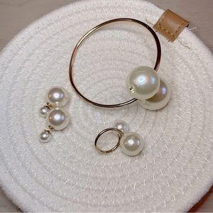 Double Pearl Jewelry Set | Earrings, Ring, Bangle